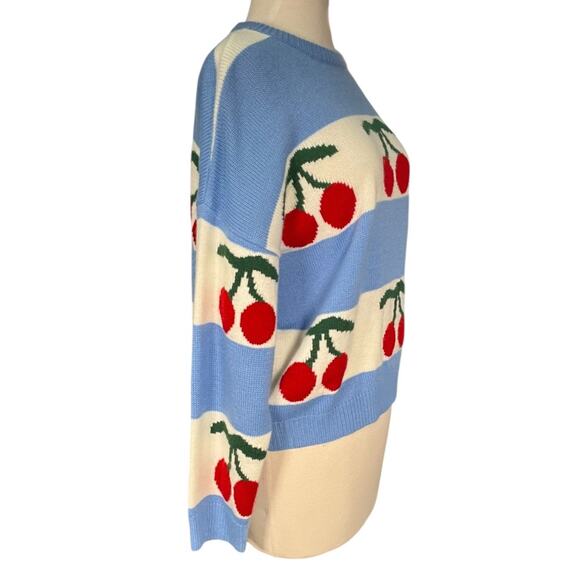 Vestique Cherry Sweater XS Blue Cream Cozy Knit Playful Y2K Cottagecore Cozy - Picture 4 of 10